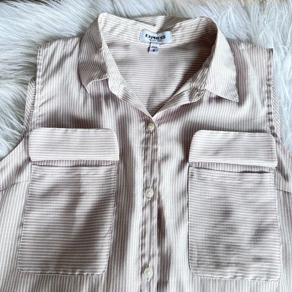 Express Sleeveless Button Up Shirt Pink White Stripe The City Shirt Size Medium - Picture 3 of 7
